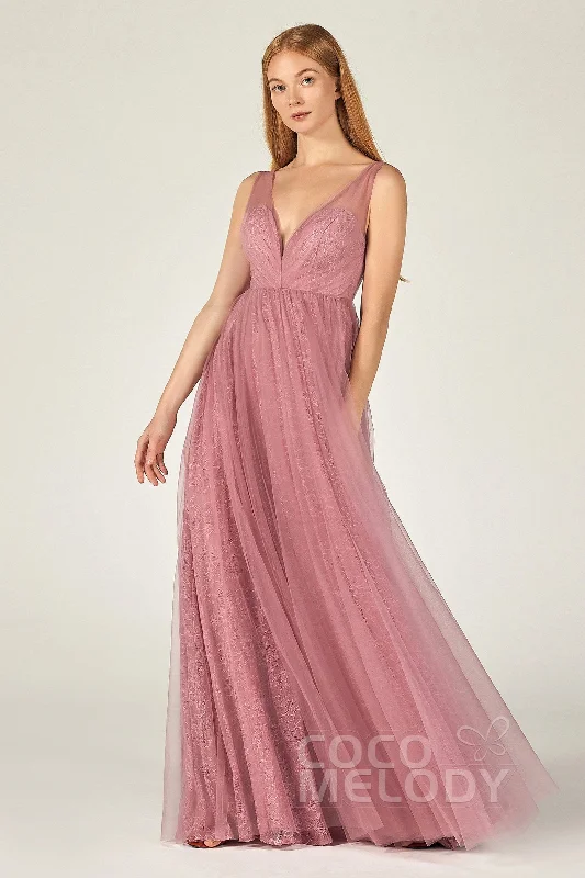 A-Line Floor Length Tulle Lace Bridesmaid Dress CB0375