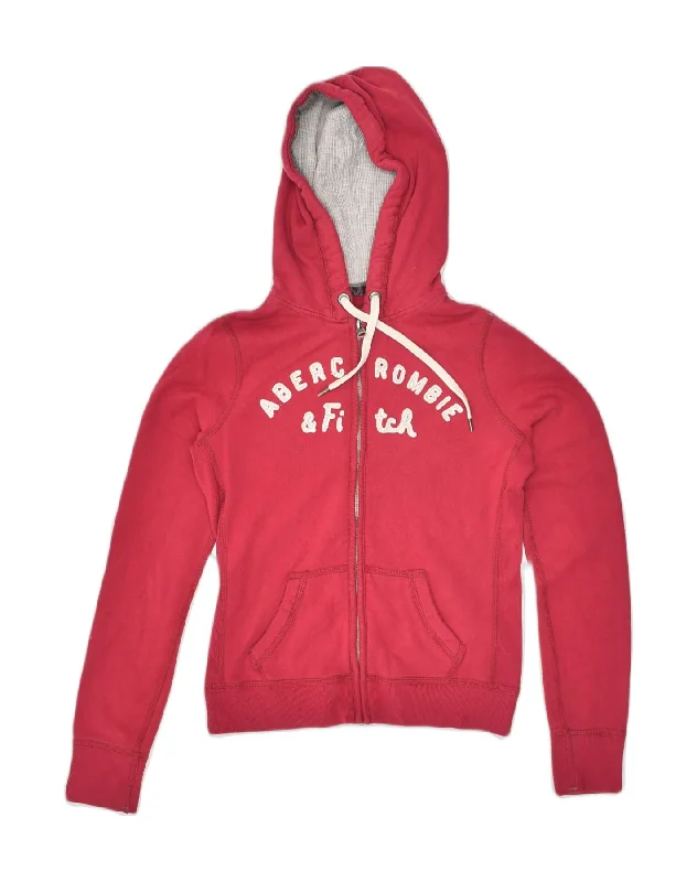 ABERCROMBIE & FITCH Womens Graphic Zip Hoodie Sweater UK 12 Medium Red