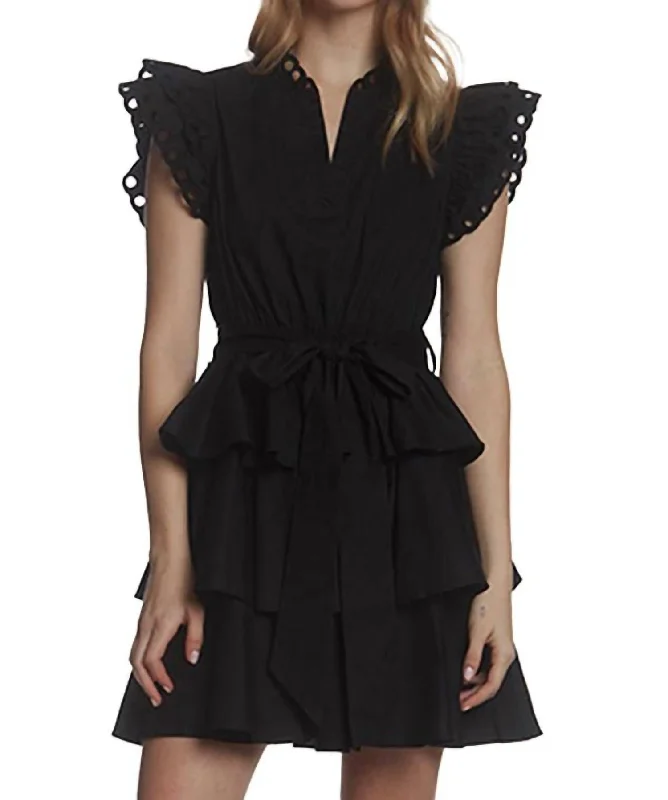 Eyelet Ruffle Trim Belted Mini Dress In Black