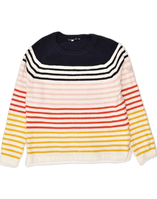 JOULES Womens Fleece Jumper UK 12 Medium White Striped Polyester Nautical