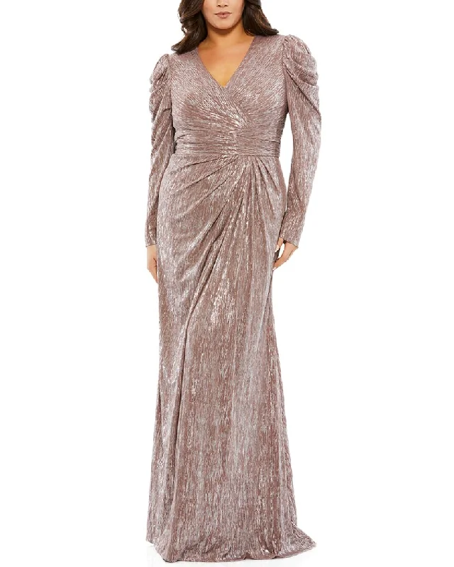 Mac Duggal Plus Faux Wrap Draped Puff Sleeve Gown