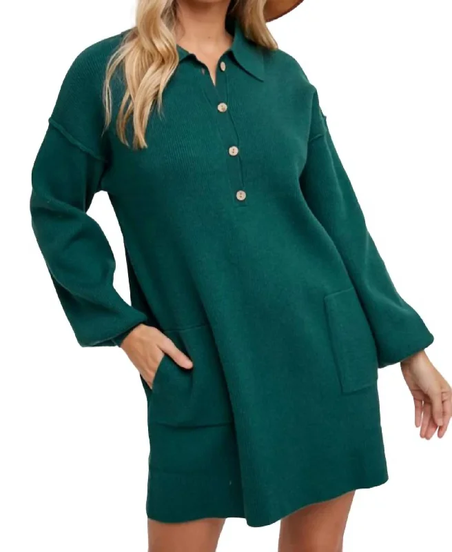 Anytime Ribbed Shirt Dress In Hunter Green