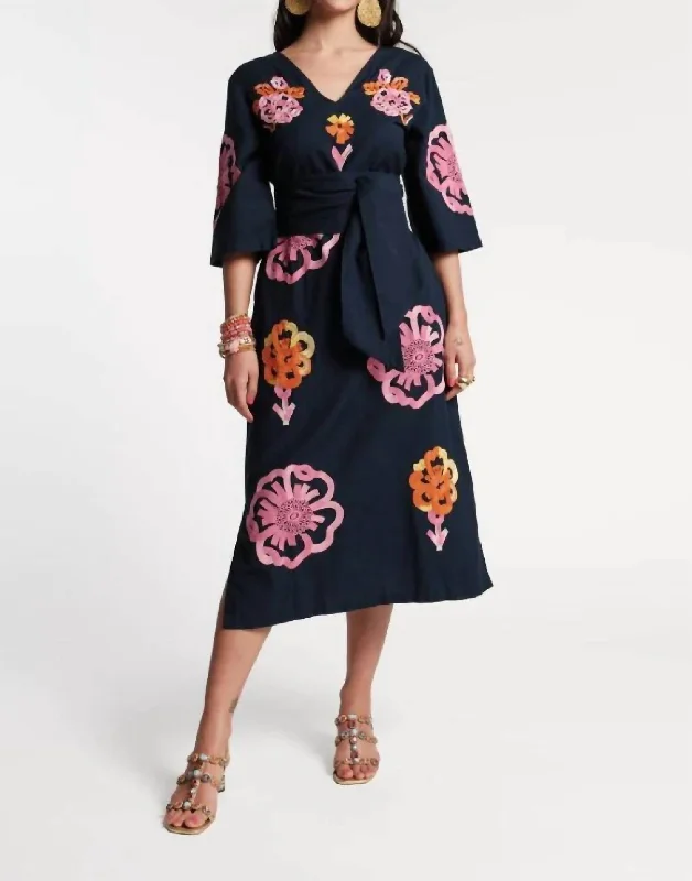 Emi Embroidered Dress In Graphic Gerbera Navy Pink Print