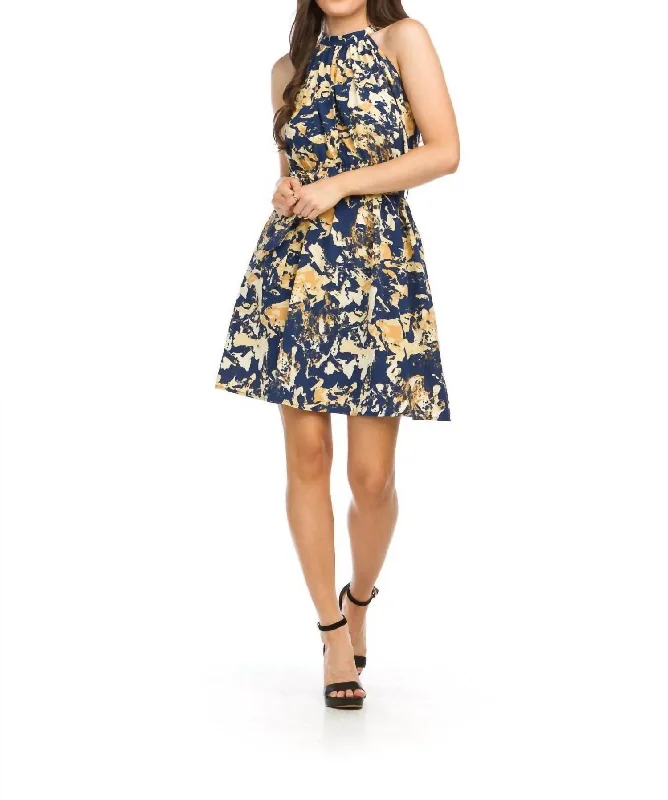 Carissa Abstract Print Halter Dress In Blue