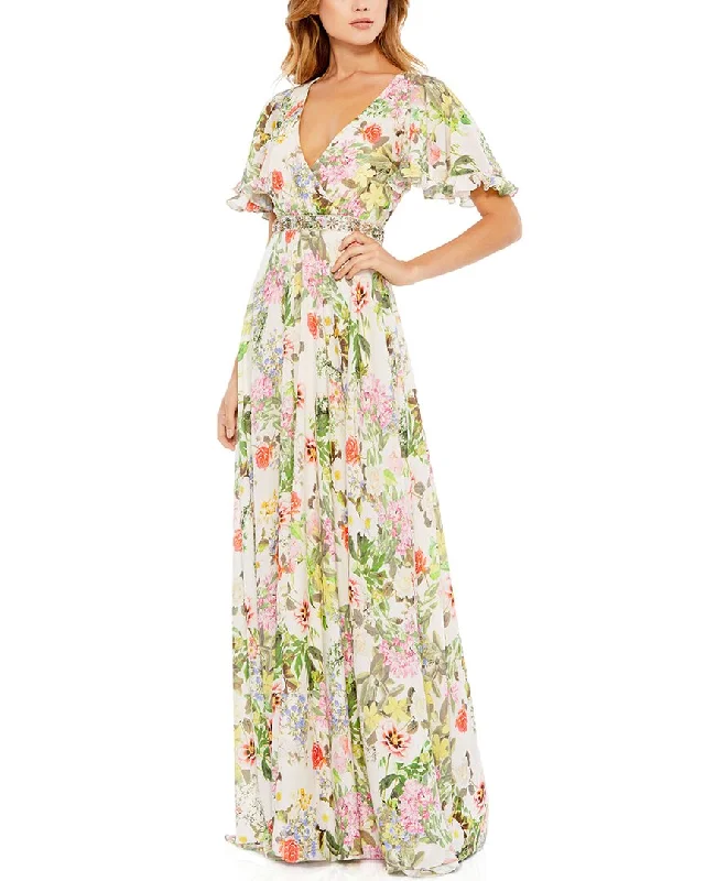 Mac Duggal Floral Print Faux Wrap Flutter Sleeve A Line Gown