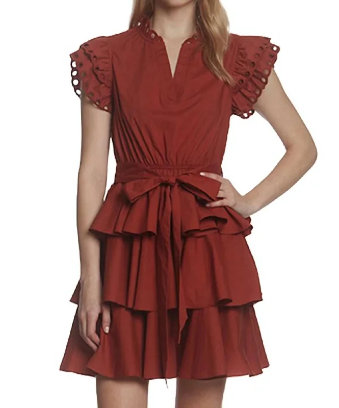 Eyelet Ruffle Trim Belted Mini Dress In Spice