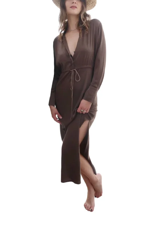 Long Sleeve Maxi Shirt Dress In Mocha