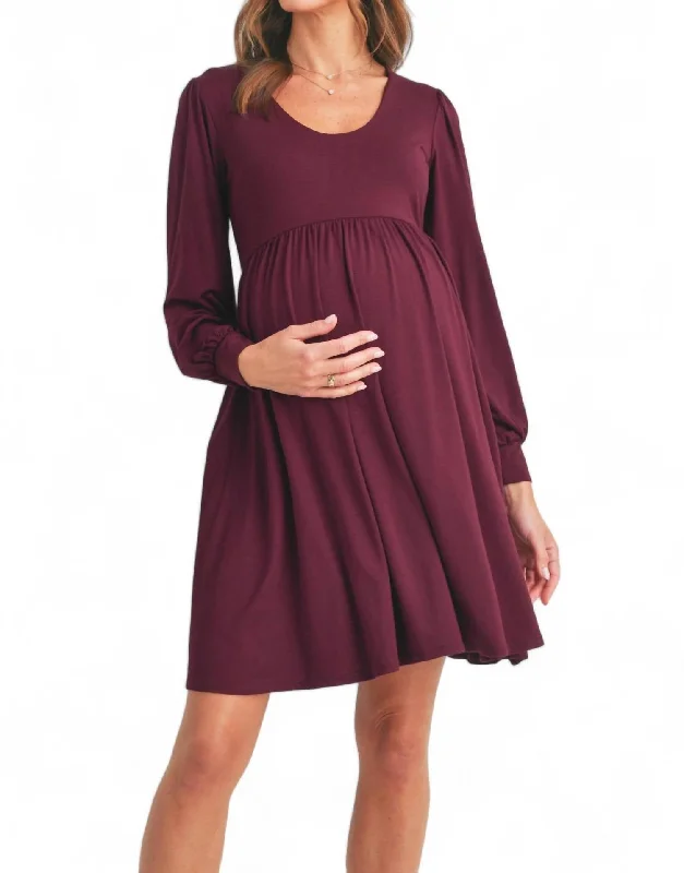 U Neck Puff Sleeve Maternity Dress With Pocket In Burgundy