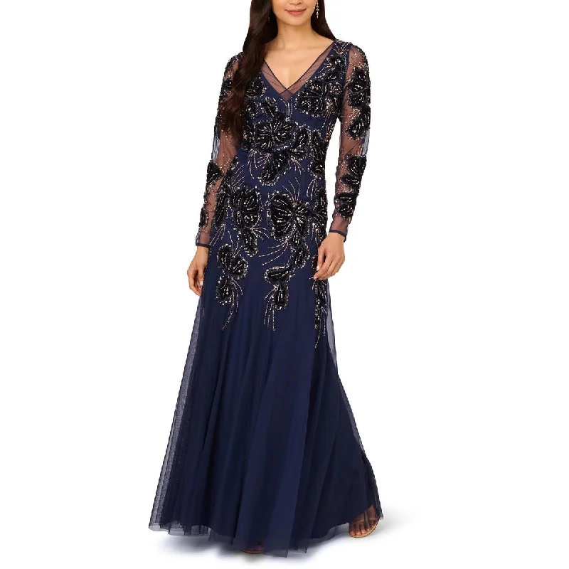 Womens Beaded V-Neck Evening Dress