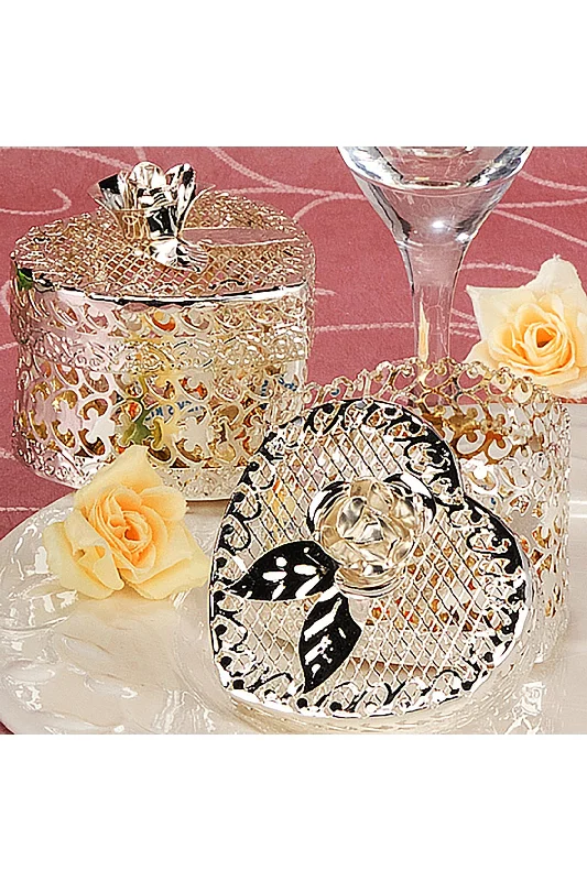 Silver Metal Rose Heart Shaped Box CGF0234 (Set of 6 pcs)